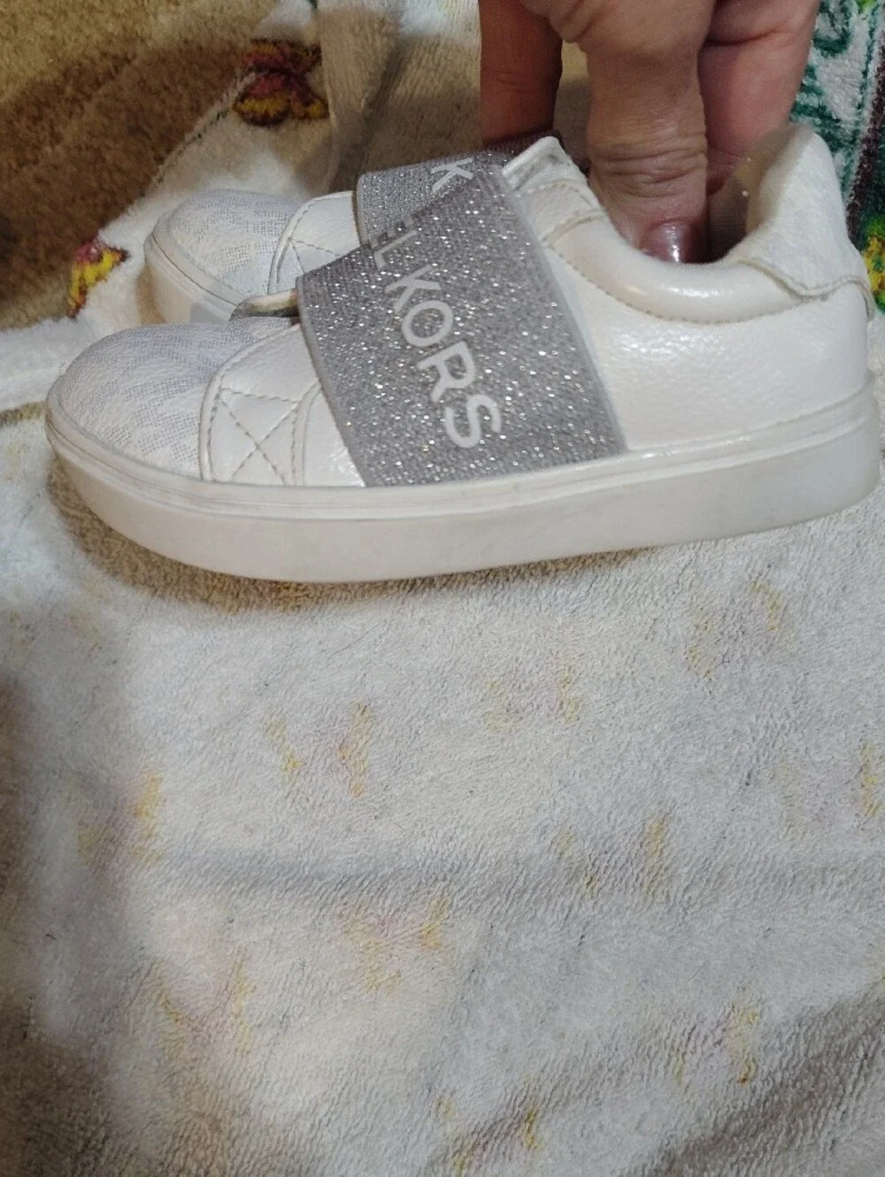 Michael Kors Kids White Sneakers with Silver Logo Band